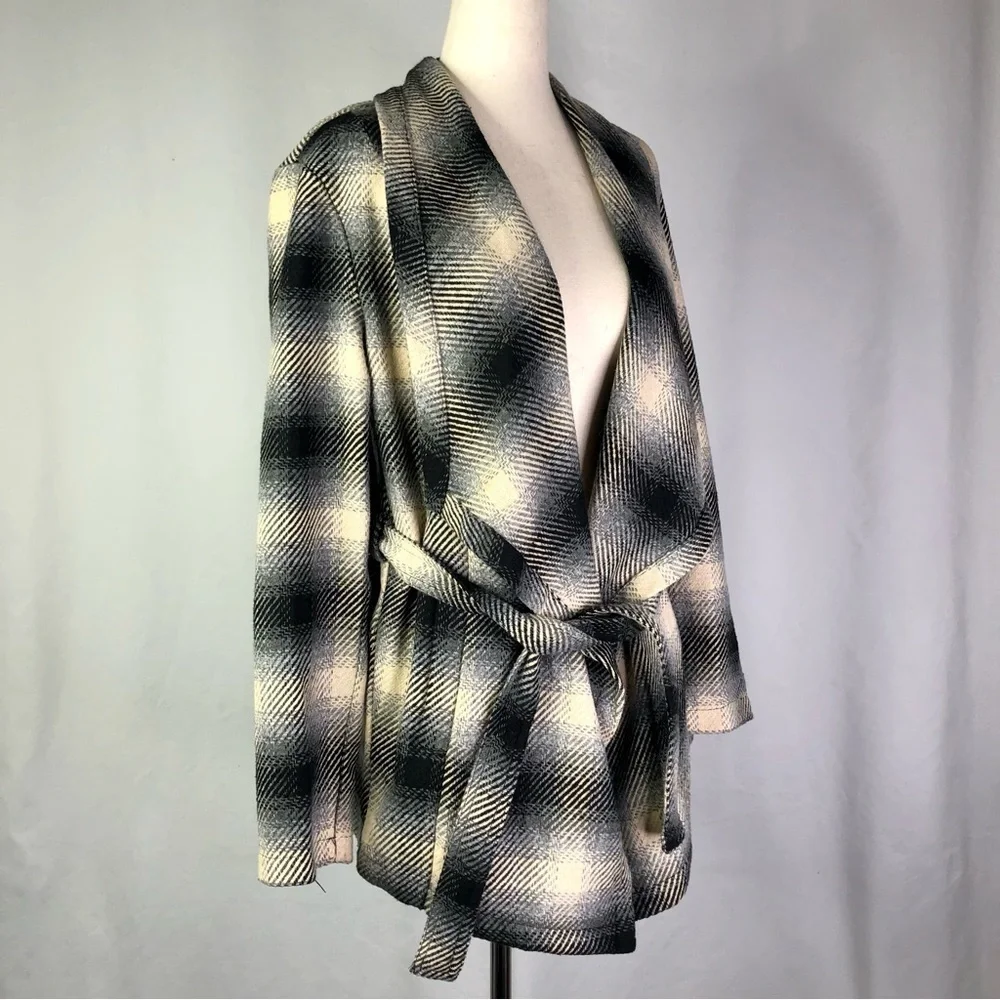 Jack by BB Dakota sweater coat grey plaid shawl collar waist tie open front XS